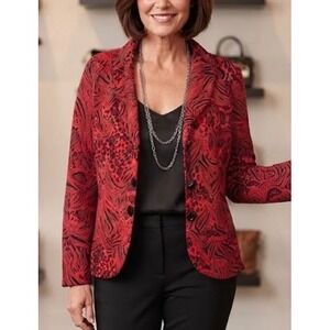 Andria Lieu Red Black Mixed Animal Print Jacket 1X Shawl Collar 3/4 Sleeve USA